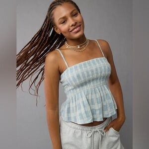 AE Smocked Babydoll Blue Plaid Tank Top